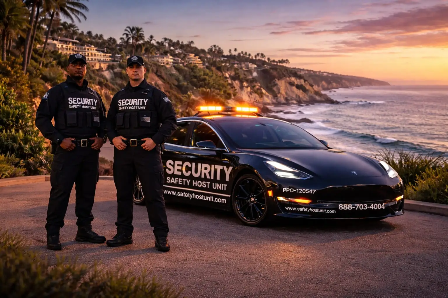 Two Security Guards in front of Tesla